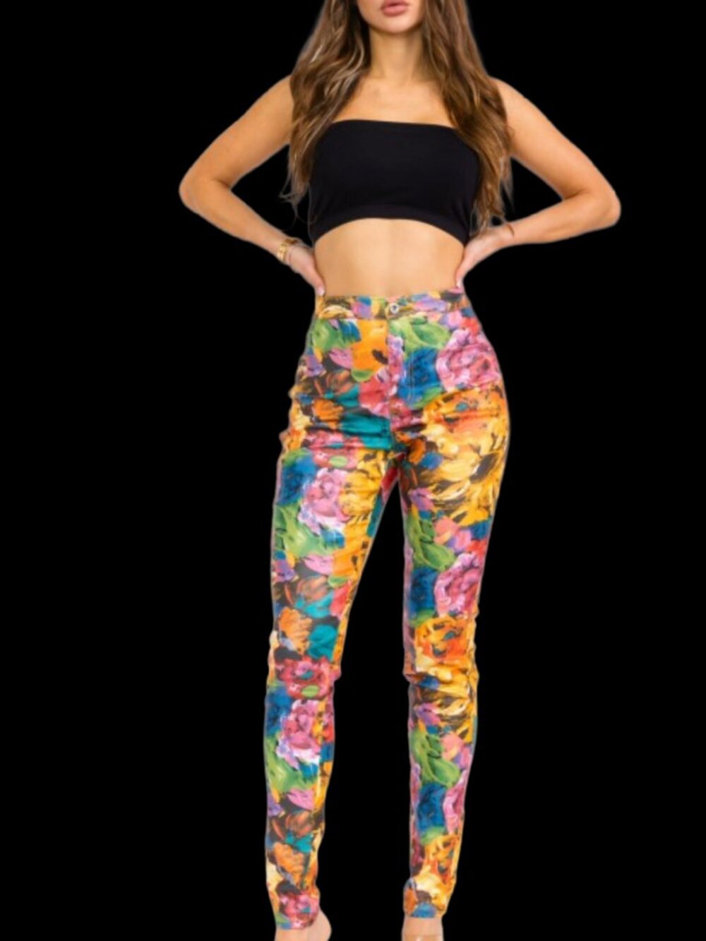 High Waist Floral Print Sunshine Jeans, Vibrant Multicolor Pattern, Stretch Fit